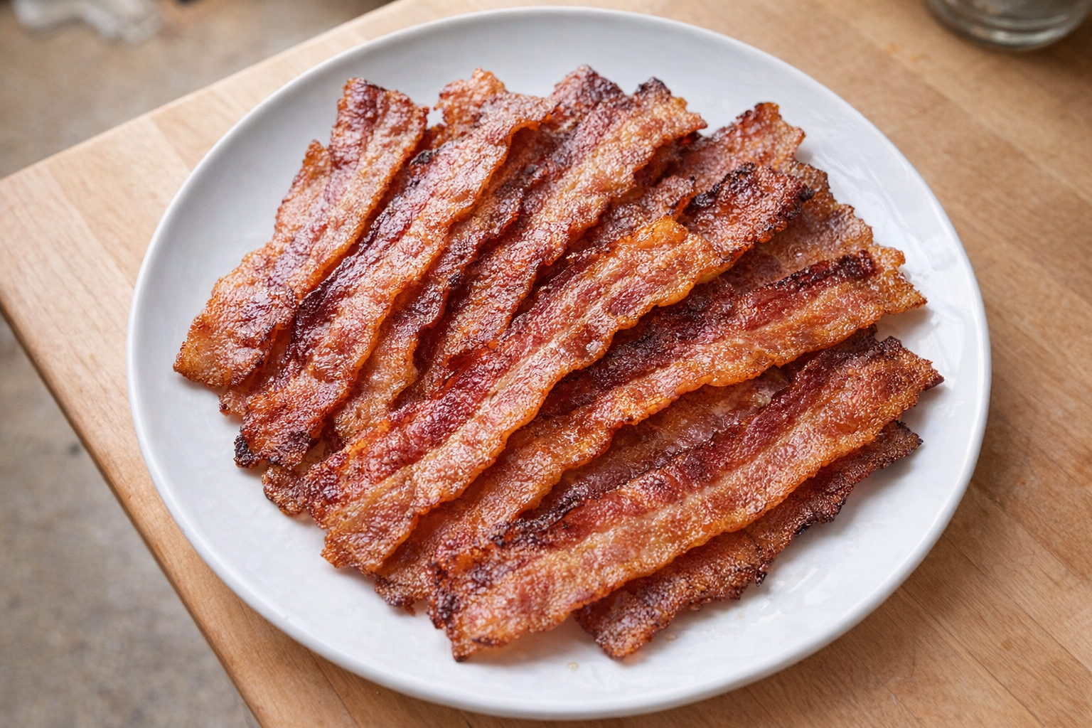 A top-down, bright studio shot of crispy oven-baked bacon arranged on a white plate, strips overlapping slightly, golden brown color, some strips slightly darker for visual texture
